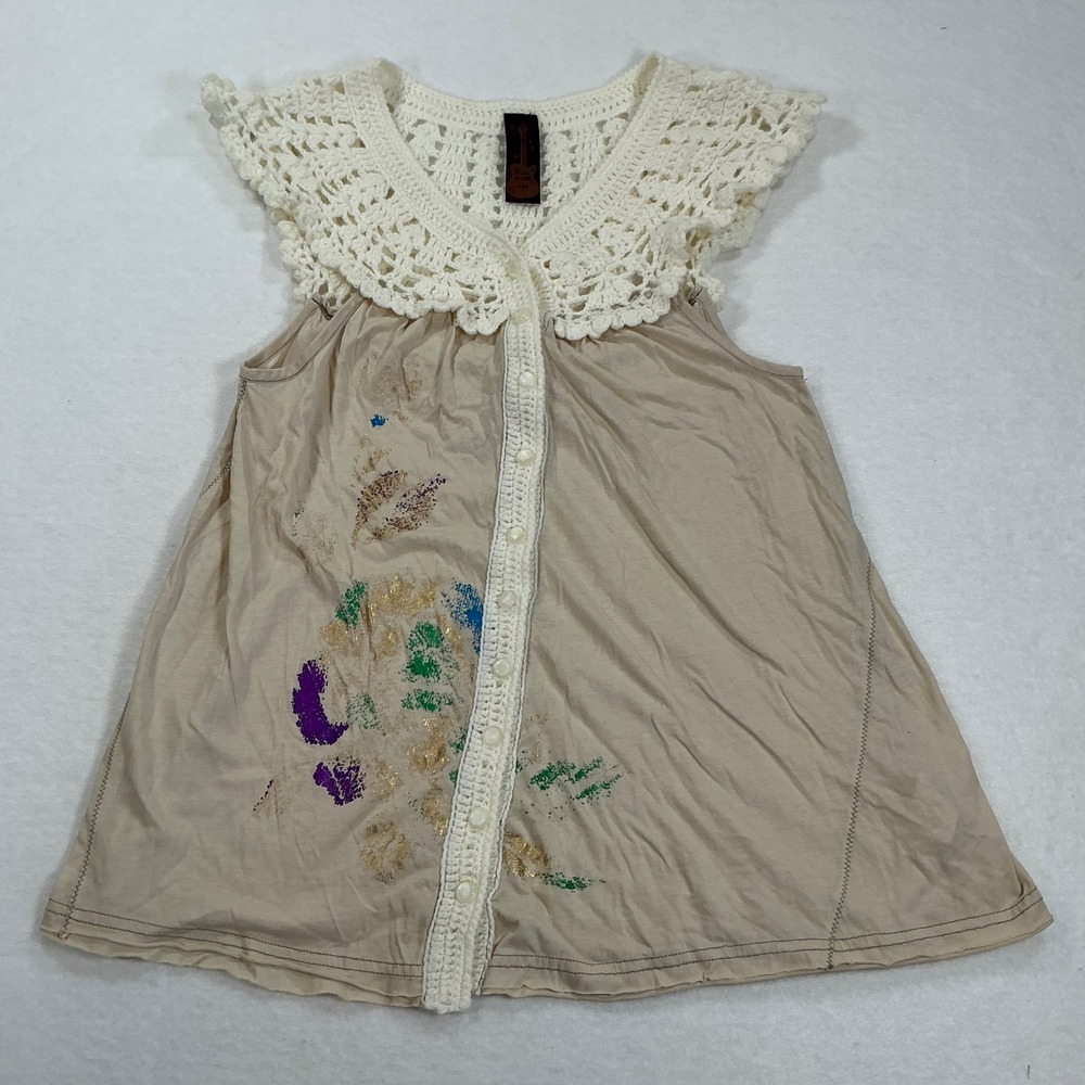 Free People Crochet Lace Mixed Media Paint Splatter Tank Top Tan Medium 1645